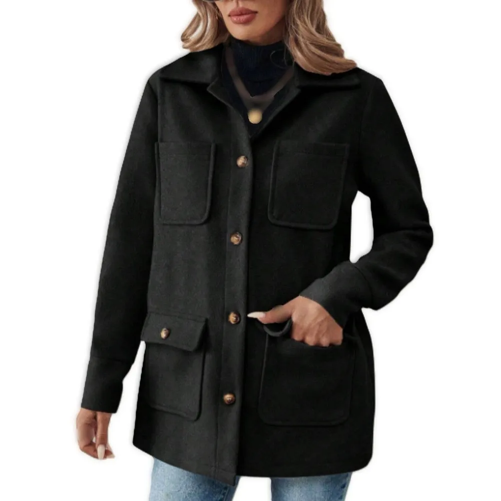 Womens Trench Coat Featuring Solid Design Lapel Collar Four Pockets Thickened Wool Blend and Medium Stretch Fabric