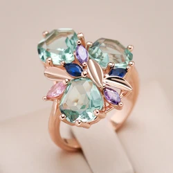 Kinel Fashion Unique Green Stone Big Ring for Women Mosaic Rhombus Natural Zircon 585 Rose Gold Color Vintage Wedding Jewelry