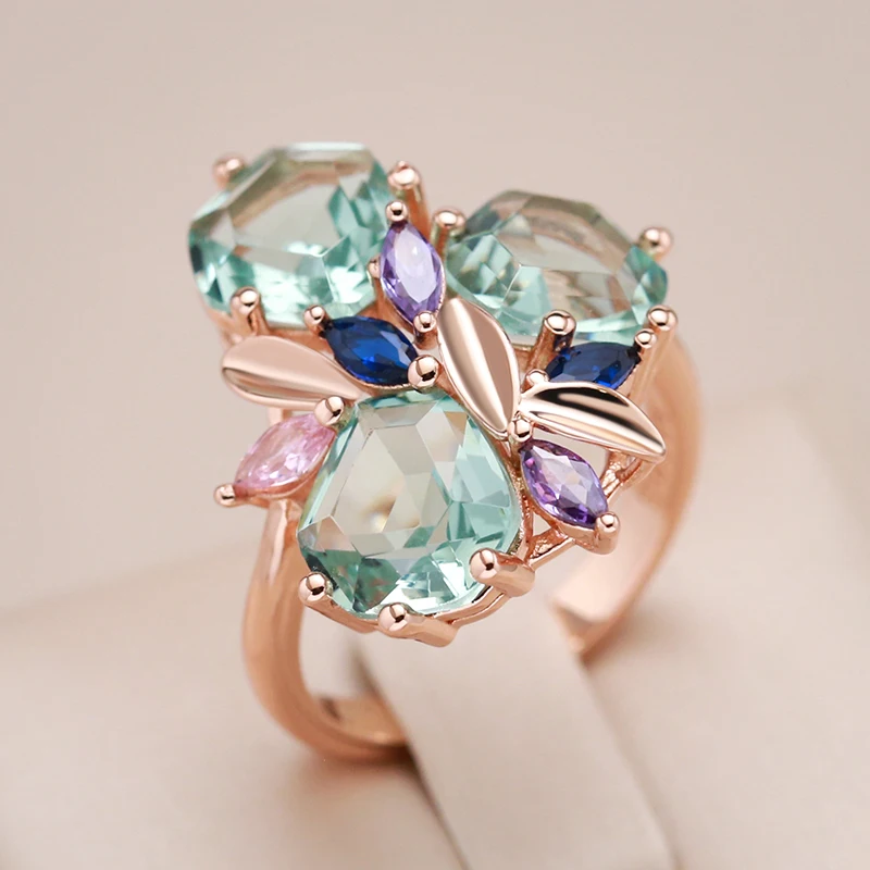 Kinel Fashion Unique Green Stone Big Ring for Women Mosaic Rhombus Natural Zircon 585 Rose Gold Color Vintage Wedding Jewelry