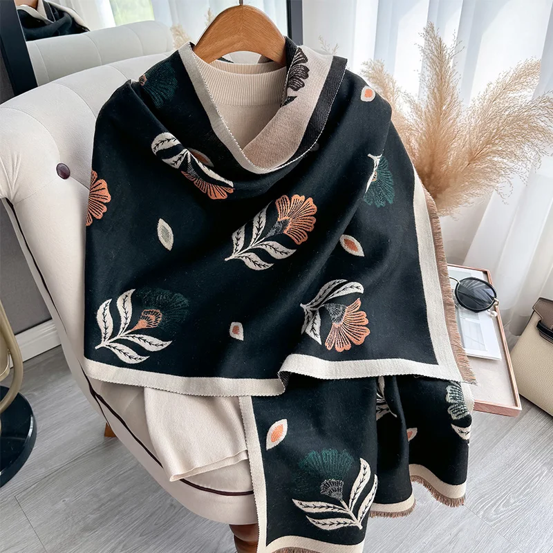 2024 Winter New Luxury Faux Cashmere Scarf Women Floral Print Outdoor Warm Thick Shawl Soft muffler neckerchief