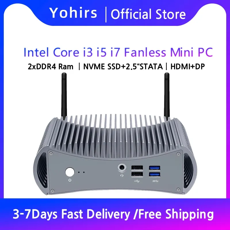 Yohirs-ordenador de oficina sin ventilador para el hogar, Mini PC con Intel Core i5 8265U i7 8565U i3, 2xDDR4 DP HD 2x4K HTPC, caja pequeña, CA, Wifi