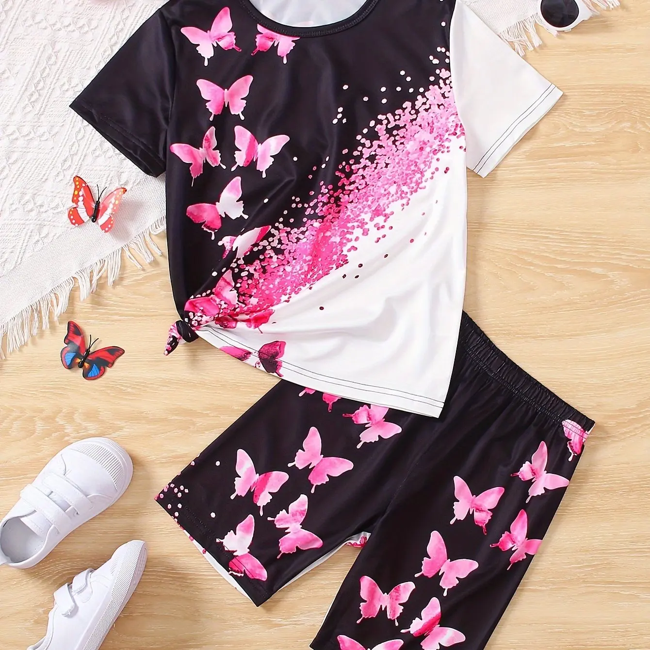 Children\'s Clothing Set for Girls Short Sleeve Girl Shorts 3D Butterfly Print Casual Girls Summer Clothes Pink Children\'s Sets