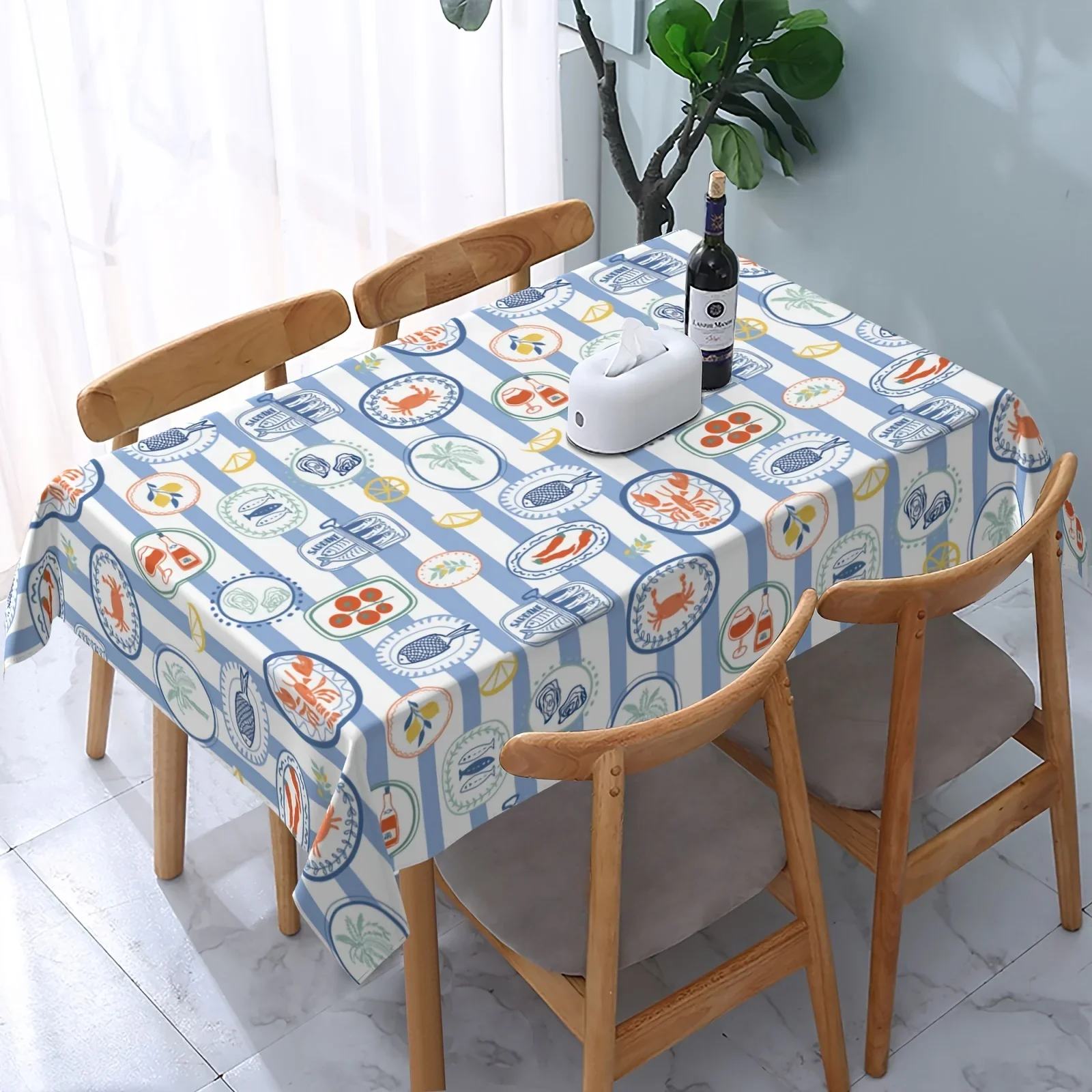 Coastal seafood dinner plate printed tablecloth, blue and white striped Italian kitchen style dining tableclothxzj