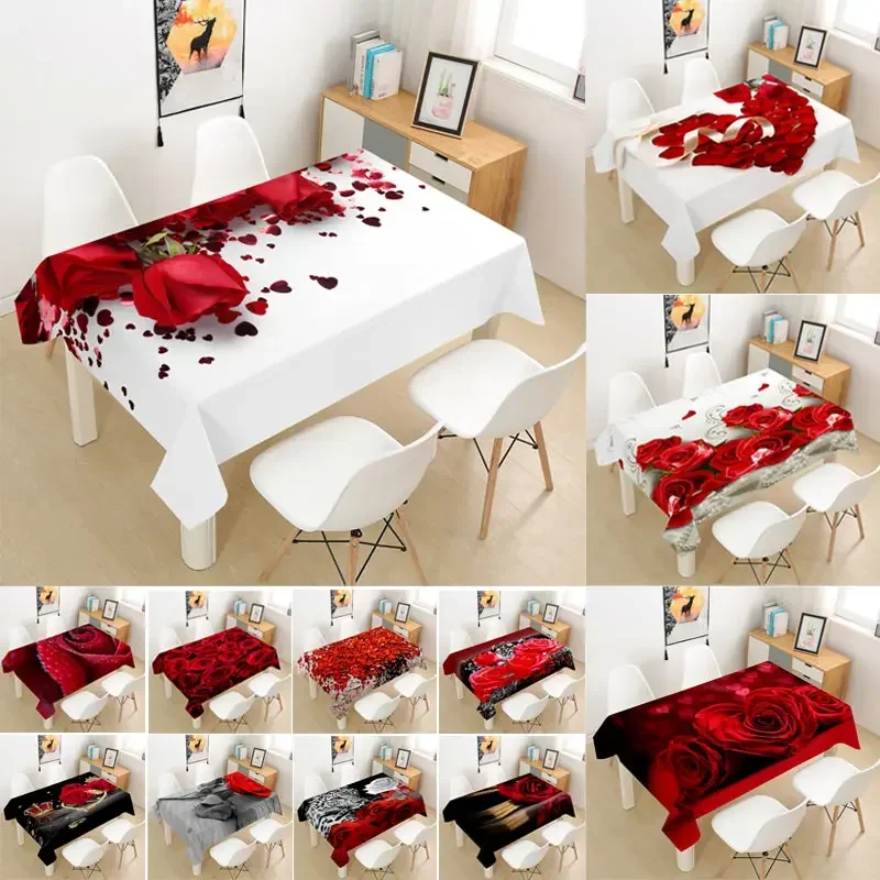For Table Cloth Cover Red Rose Tablecloth Wedding Decoration Party Coffee For Living Room Dining Manteles Rectangular Valenti