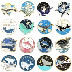 Creative Space Astronaut Whale Enamel Pins Planet Moon Sea Wave Fish Round Alloy Brooch Badge Sweet Fashion Woman Jewelry Gift