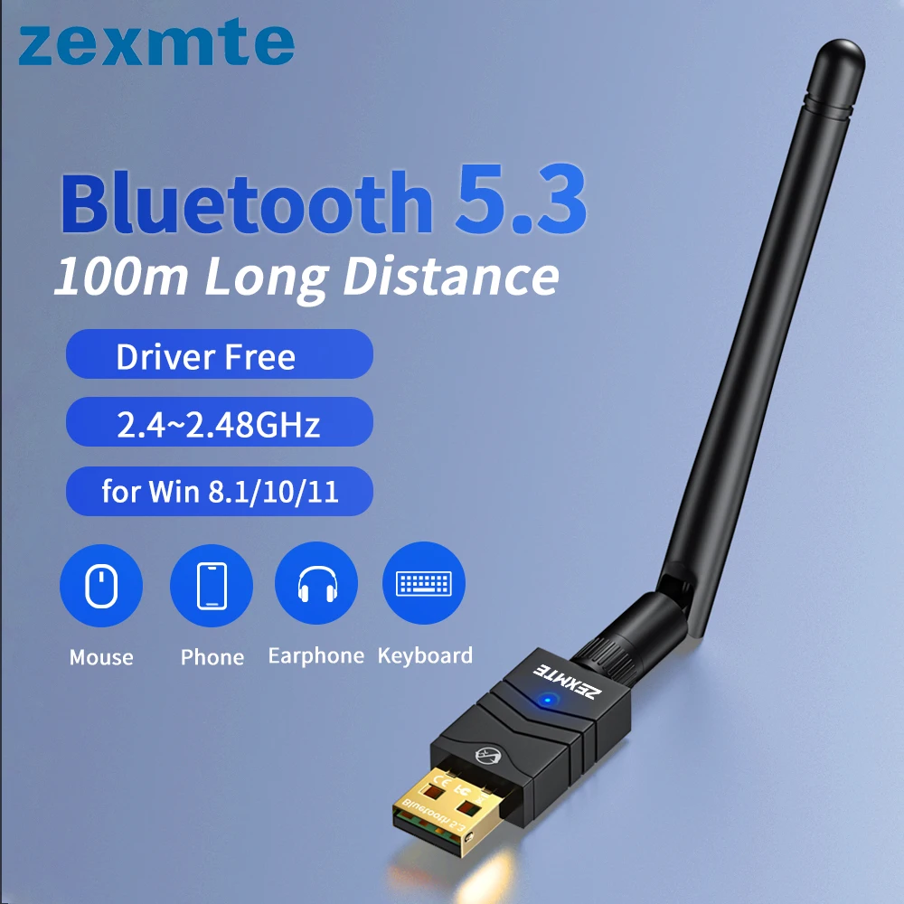 Zexmte 150M USB Bluetooth 5.4 5.3 5.1 Adapter for PC Speaker Mouse Music Audio Receiver Transmitter Adapter Rotatable Antenna