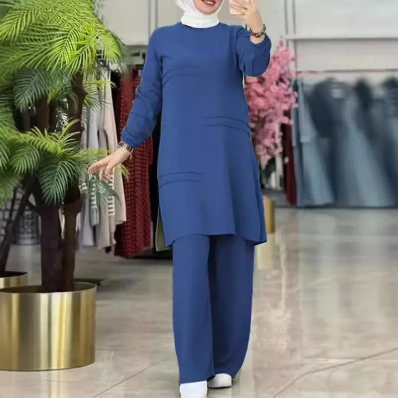 2024 Muslim women's sportswear with parallel bars,  elegant temperament, solid color, long sleeved shirt, wide leg pants set