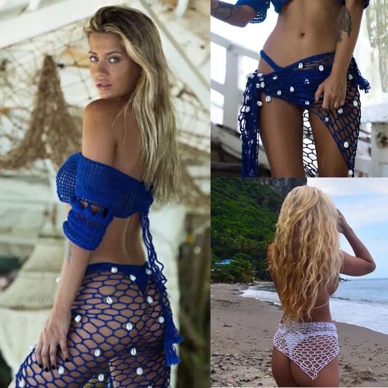 Kobiety plaża splot ręcznie szydełka Wrap szale seksowne Bikini Cover Up ochrony przeciwsłonecznej siatki spódnica Mesh tunika Pareo kostiumy