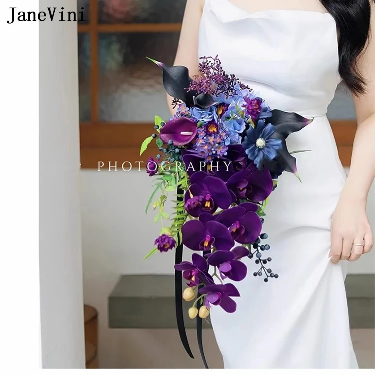 JaneVini Fashion Purple Waterfall Bridal Bouquets Wedding Silk Flowers Artificial Butterfly Orchid Cascading Bouquet for Bride