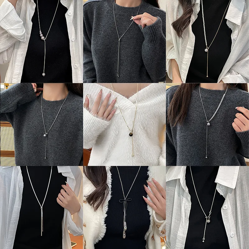 Adjustable Pearl Necklace Long Sweater Chain Freshwater Beads Sliding Clasp Elegant  Choker Length Versatile Daily Jewelry Women