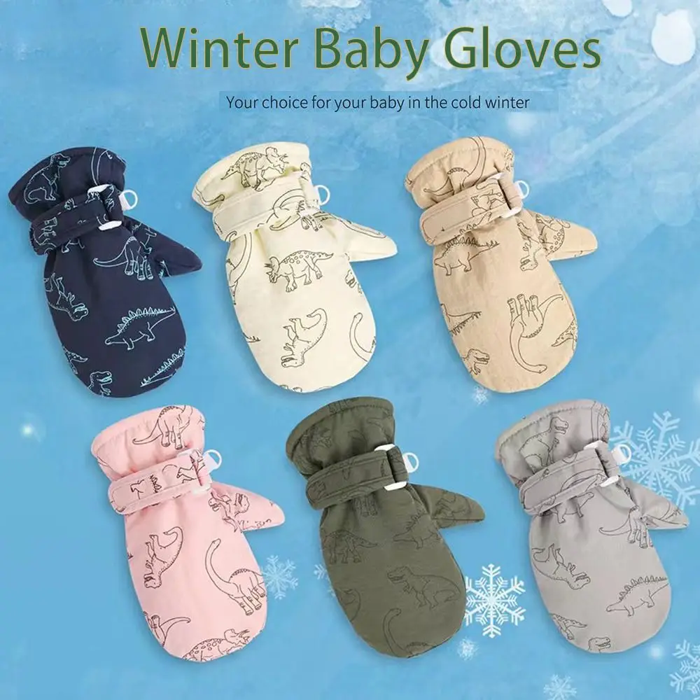 Cartoon Dinosaur Print Kids Gloves Thickened Fleece Skiing Snow Gloves Windproof Waterproof Baby Mittens Girls Boys