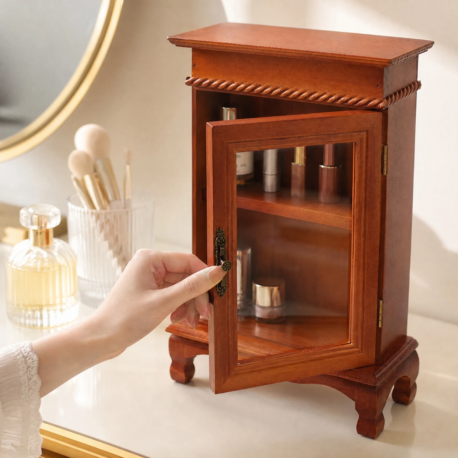 Freestanding Wooden Organizer with Shelf Dust-Proof Wooden Desktop Display Cabinet Display Case with Glass Door Transparent
