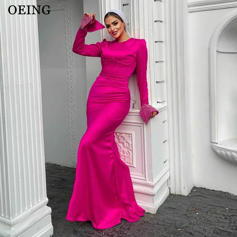 OEING Fuchsia Muslim Arabic Women Evening Dresses Long Sleeves Mermaid Party Prom Dress Robe Abaya Silk Elegant Club Gowns