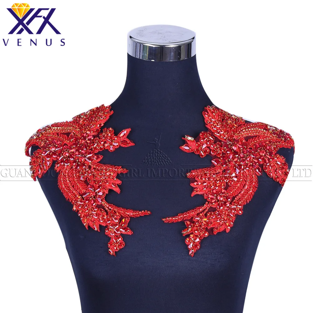 XFX VENUS 1 Pair Sew On Trim Sparkly Handmade Red Beads Patches Rhinestone Applique Crystal Bodycon Elegant bodice decorative