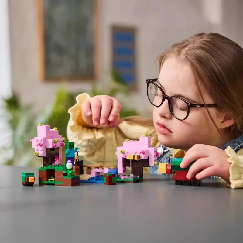 Set MOC Kompatibel Seri Permainan Dunia Mini Saya Blok Bangunan Taman Bunga Sakura Hadiah Anak-anak Mainan Perakitan 212