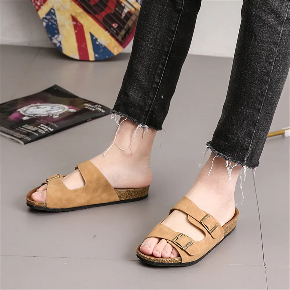 2024 New Summer Men\'s Cork Slippers Flats Flock Mule Clogs Sandals Soft Male Two Buckle Beach Slides Footwear For Men Shoe Black