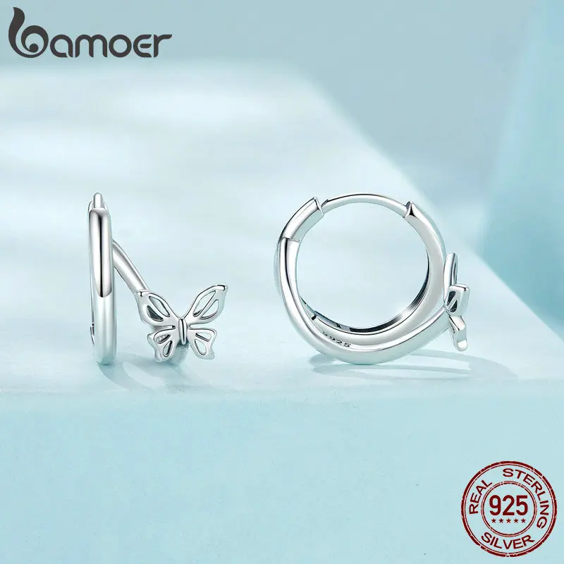 BAMOER-pendientes de aro delicados con mariposa para mujer y niña, aretes pequeños Huggie de Plata de Ley 925, joyería de moda con encanto