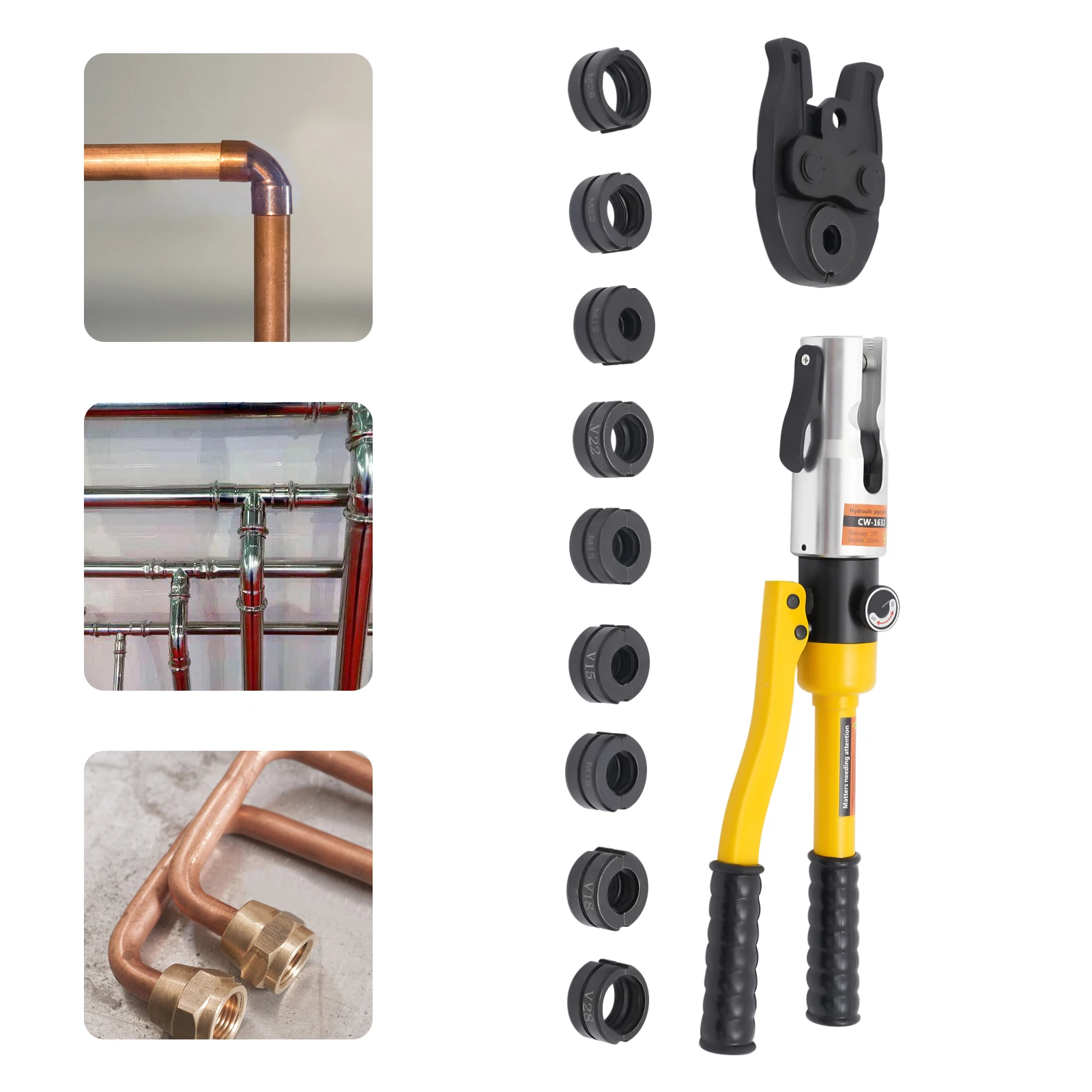 Alicate de crimpagem de tubos profissional 10T, crimpador hidráulico, alicate de tubo crimpador hidráulico V12/15/18/22/28mm + M12/15/18/22/28mm