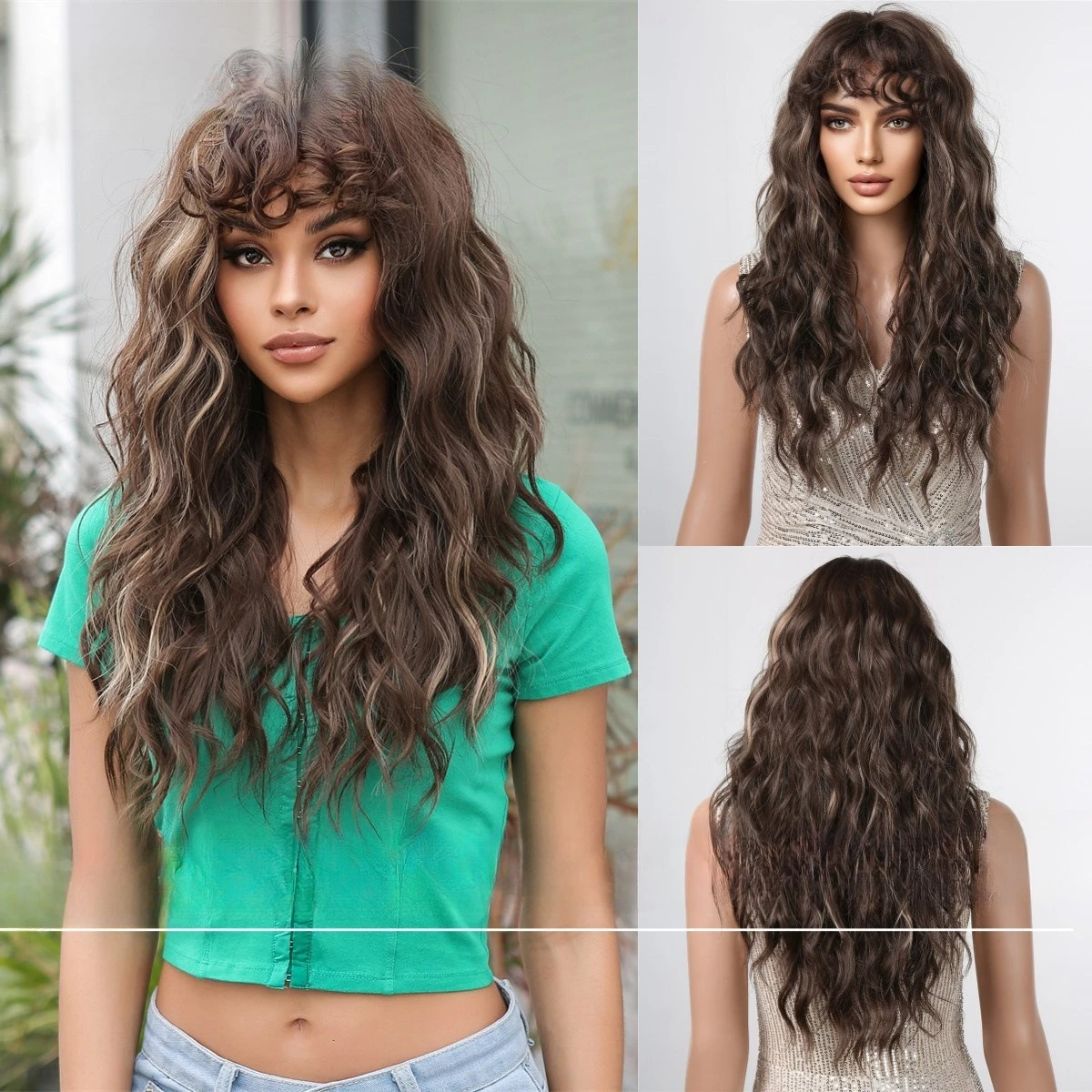 

Шерстяные вьющиеся длинные волосы, маленькая вьющаяся челка, мелирование коричневого цвета, пушистый женский парик в европейском и американском стиле, полное покрытие головы