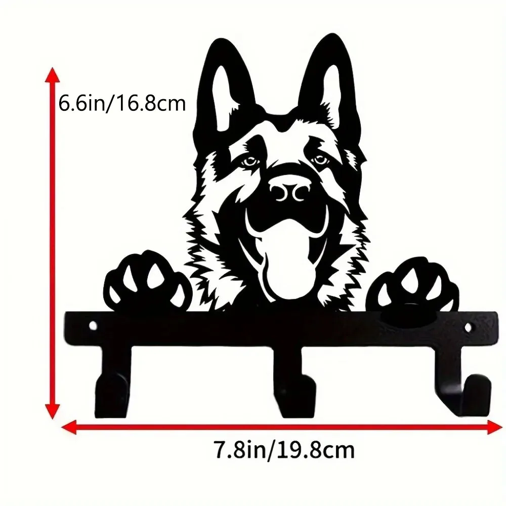 German Shepherd Portrait Wall Hook Black Metal Key & Leash Rack with 3 Hooks, Ideal for Kitchen, Bathroom, and Bedroom key holde