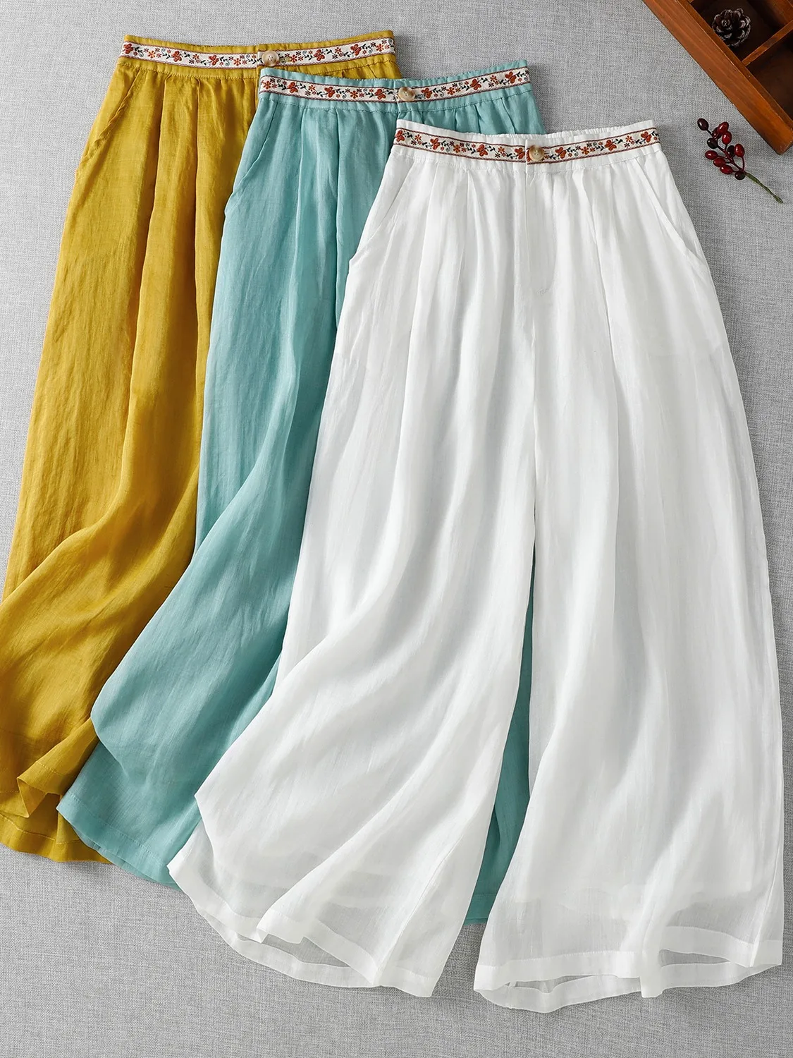 Ele ارتفاع الخصر المطرزة القطن الكتان بنطال ذو قصة أرجل واسعة المرأة الصيف خفيفة الوزن التخسيس فضفاضة يشعر تسع نقاط مستقيم C...