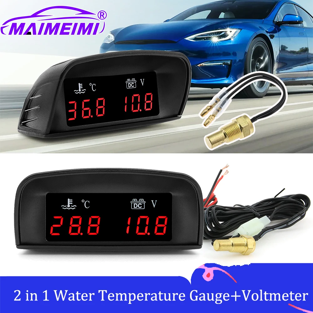 12/24V Water Temperature Gauge With Voltmeter 2 in 1 Car LCD Instrument Horizontal Celsius Red Backlight +10mm Temp Sensor