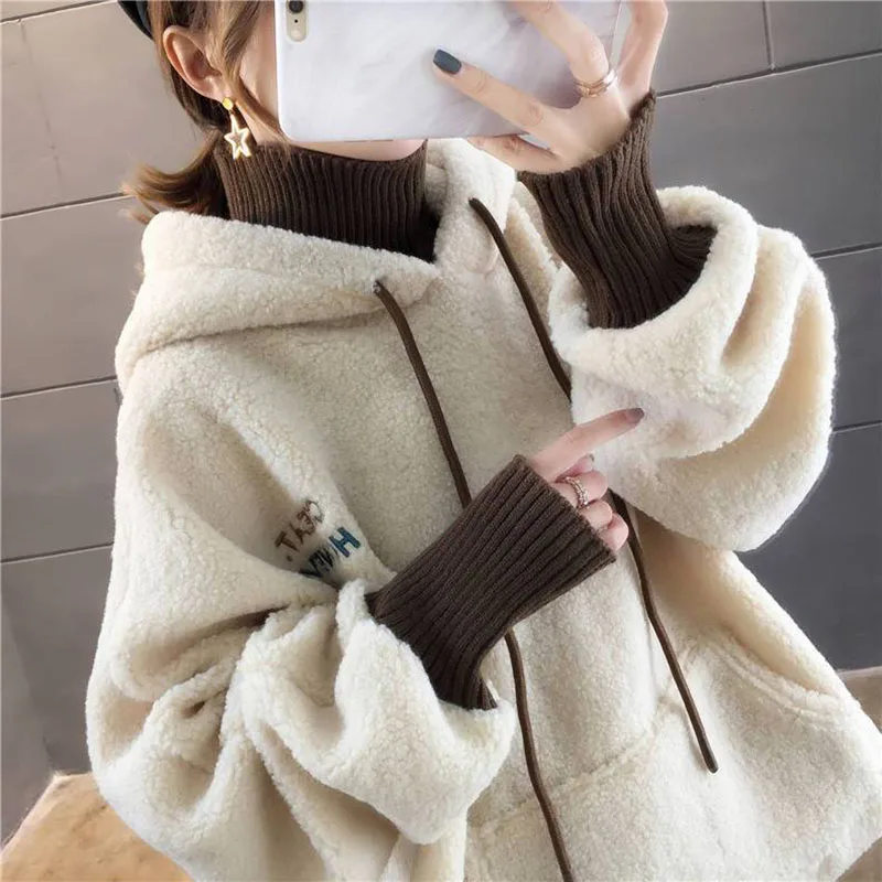 Faux Lamb Sweatshirt Women Loose Fake Two Piece Fashion Hoodies Fluffy Big Pocket Letter Long Sleeve Winter Female Tops