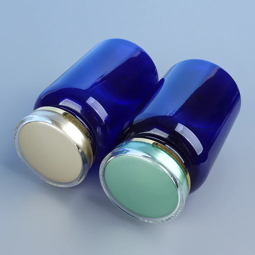 30 Pcs 225ml Semi Transparent Blue PET Bottle with Crown Cap Sealed Container for Health Product Powder Capsule Supplement