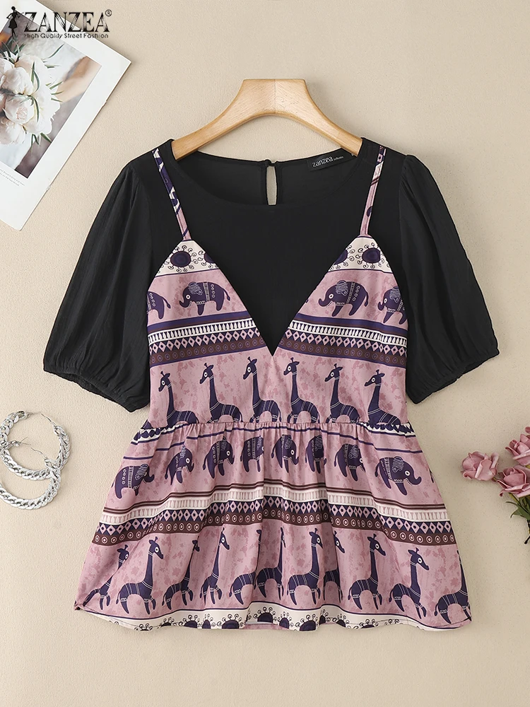 ZANZEA بلوزات مرقعة مطبوعة عتيقة للسيدات 2025 صيفي برقبة دائرية وأكمام قصيرة منتفخة Blusas Mujer ملابس خروج مكونة من قطعتين #4