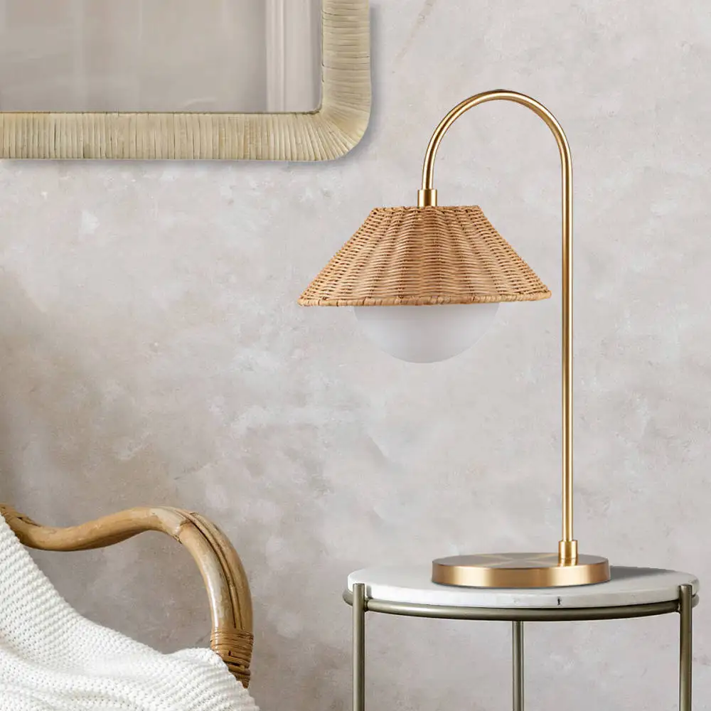 Rattan Weave Shade Table Lamp,Made from iron in a modern gold finish,Natural rattan shade with frosted globe