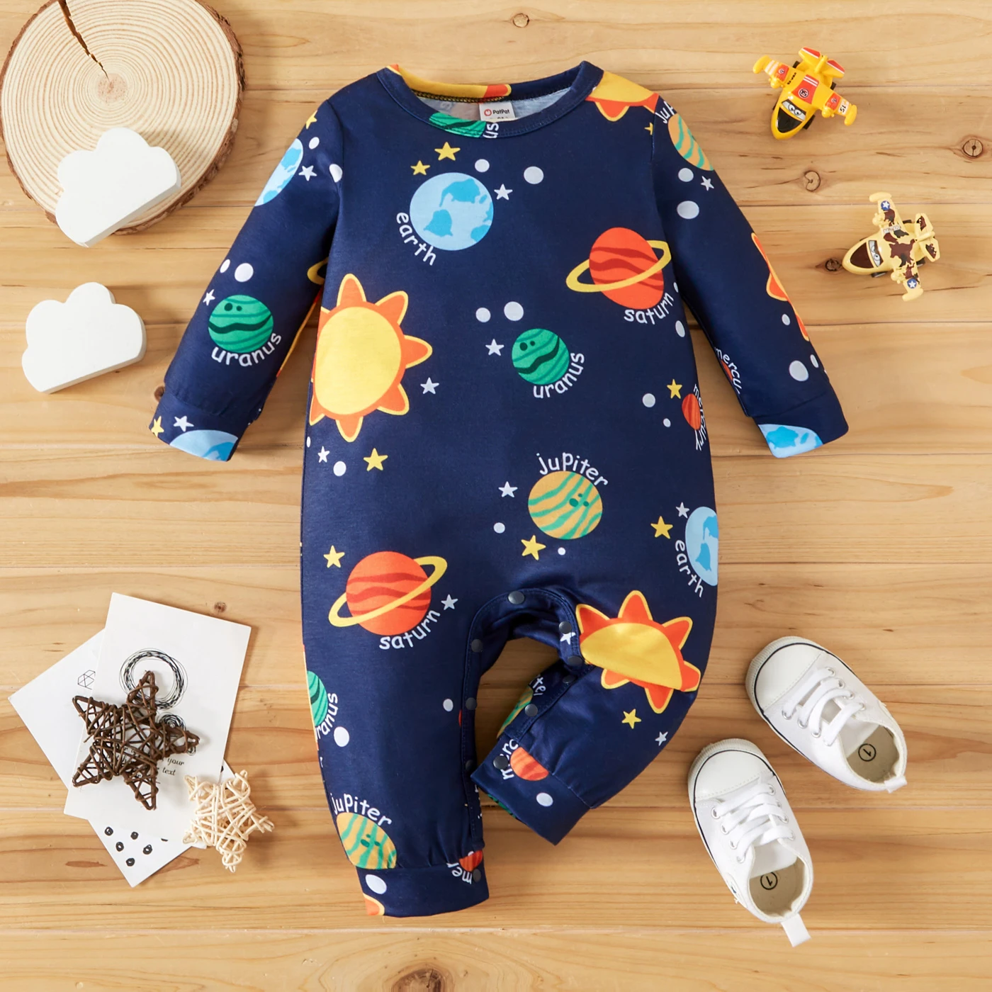 PatPat Baby Boy All Over Solar System Planets and Letter Print Dark Blue Long-sleeve Jumpsuit Soft and Comfortable