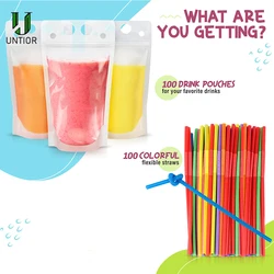 100PCS Magic Drink Pouches with Straw Resealable Ice Drink Pouches Smoothie Bags with Drinking Straws Reusable Juice Pouch