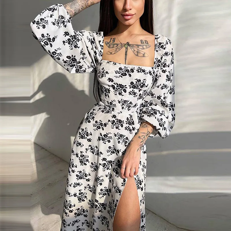 

2023 Spring/Summer Printing Lantern Sleeve Sexy Split Mid-length Dresses for Women Leisure Beach Party Dress Vestido Feminino