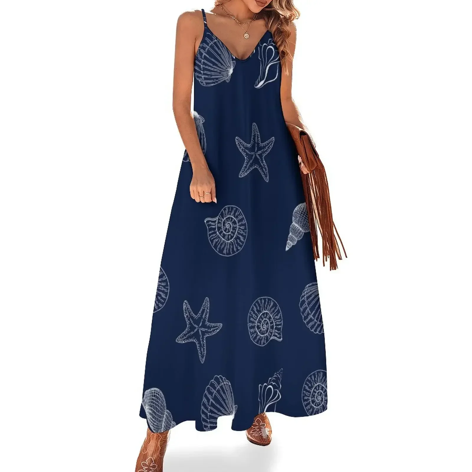 Pattern dark blue, navy, white, inspired on beautiful sea ocean marine coastal Sleeveless Dress summer clothes for women Dress