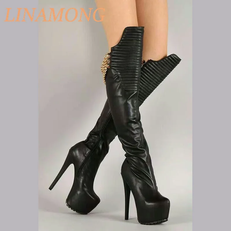 

Ботинки на платформе с пряжкой, декором из металлической цепи, боковой молнией, элегантные, на высоком каблуке, белые, пушистые, модные