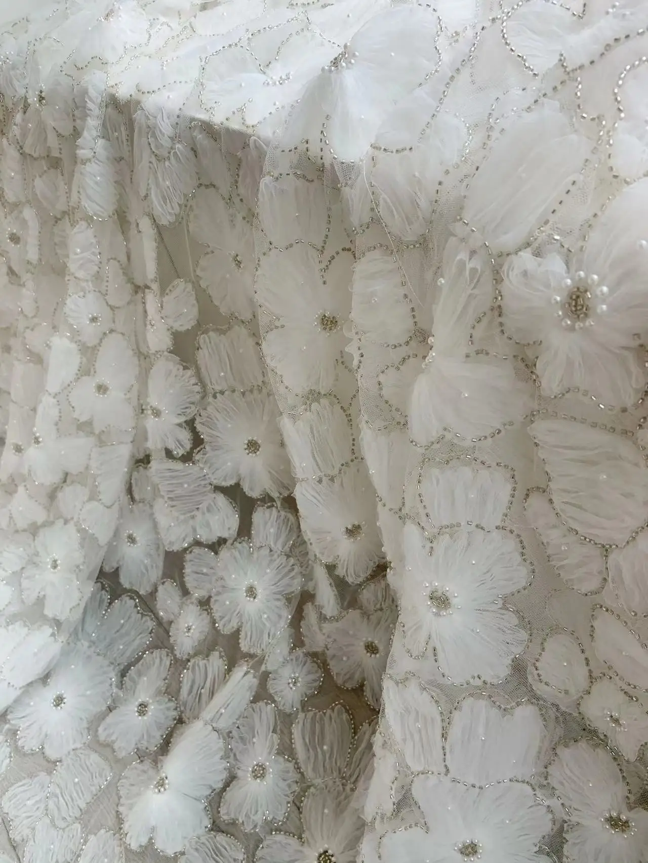 1 Yard 3D Pearl Beaded Embroidery Flower Applique Off White French Tulle Lace Fabric for Wedding Dresses,Light Blue Ball Gown