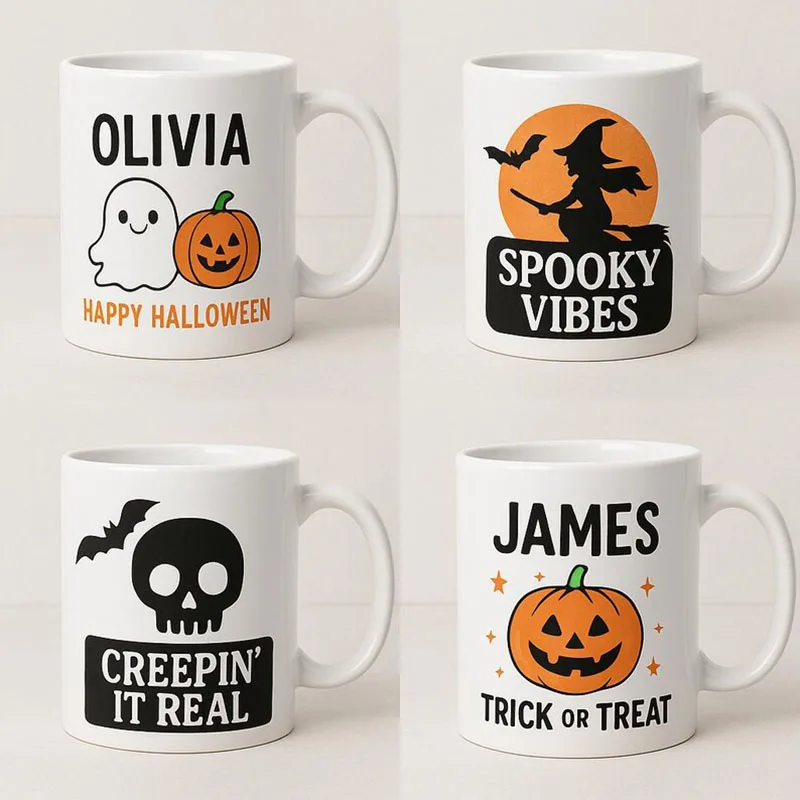 

Custom Halloween Coffee Mug Personalized Spooky Design Ceramic Cup with Halloween Ghost Pumpkin Bat Mug for Halloween Party