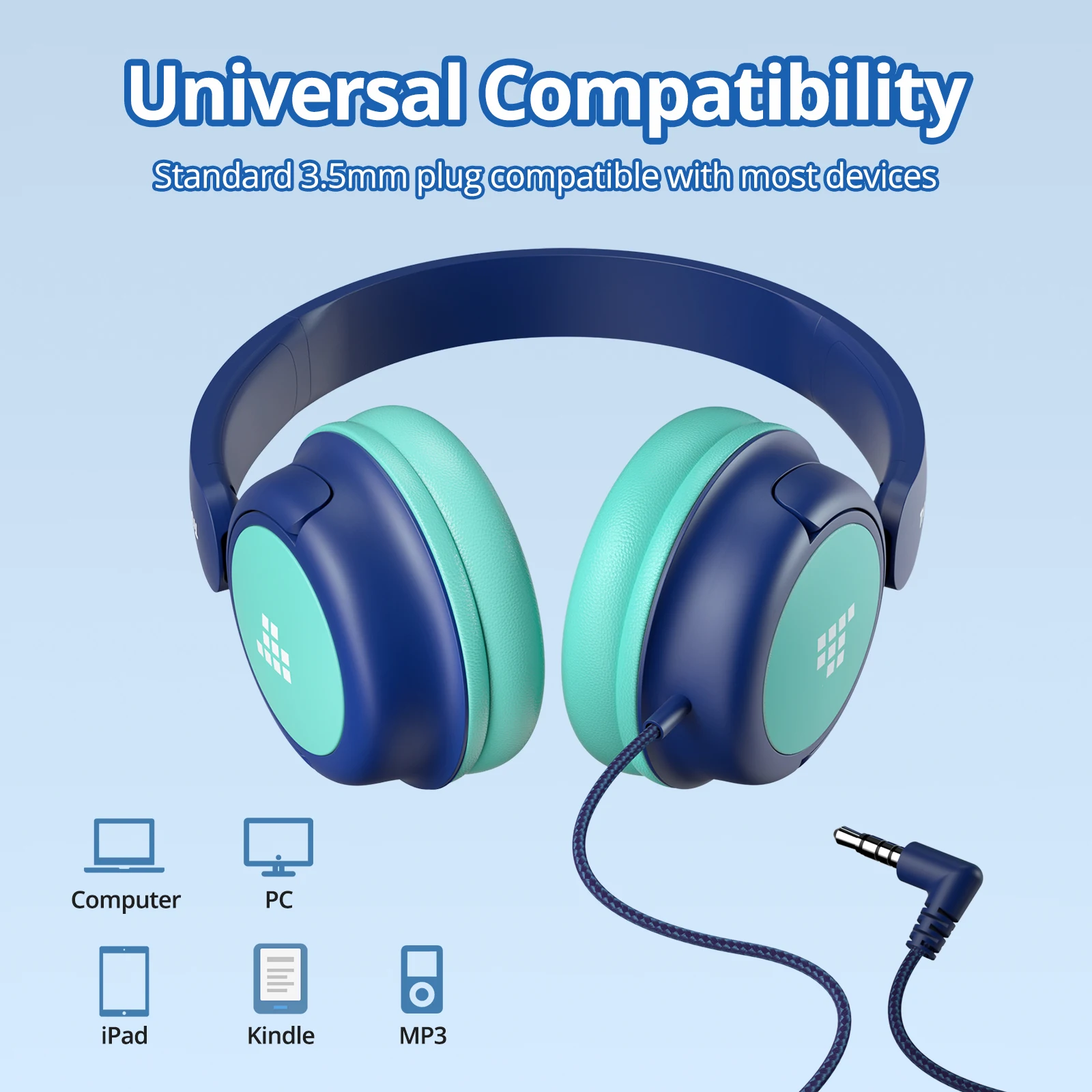 سماعات رأس سلكية للأطفال من Tronsmart KH01C مع حجم آمن 85 ديسيبل، سماعة رأس سلكية مريحة قابلة للطي وخالية من التشابك مقاس 3.5 ملم