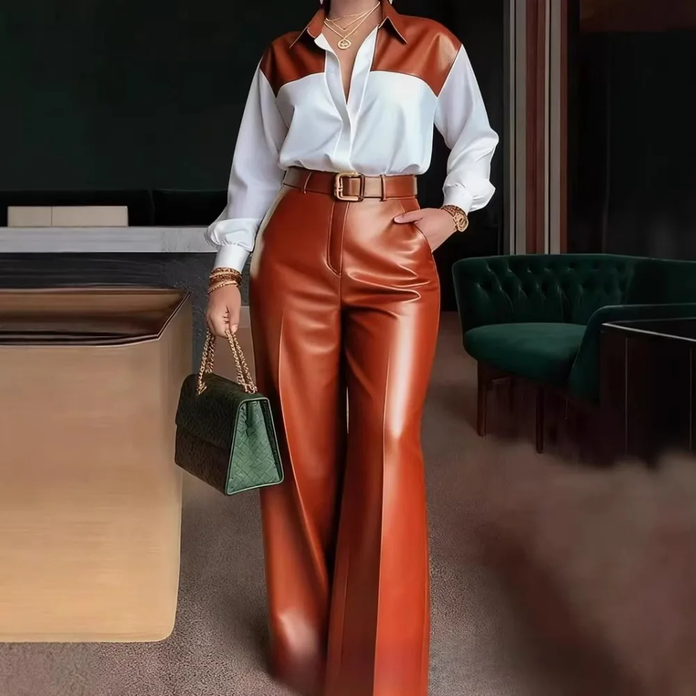 

Women Business Casual PU Leather High Waist Wide Leg Pants Set with Long Sleeve Color Block Shirt Formal Workwear Outfit Spring