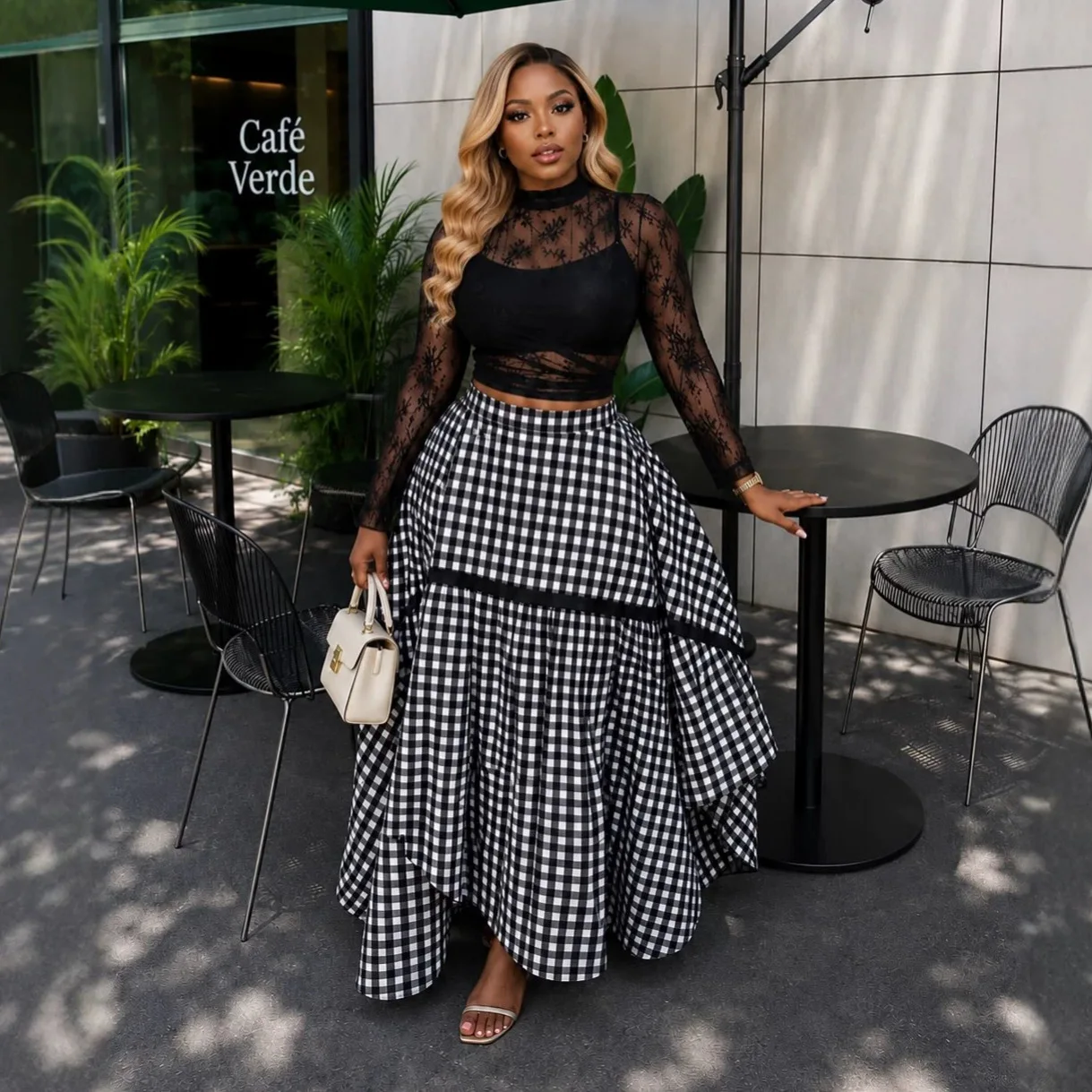 Houndstooth Maxi Skirt for Women High Waist Layered Ruffle Irregular Hem A Line Skirt Elegant Vintage Formal Tiered Maxi Skirt