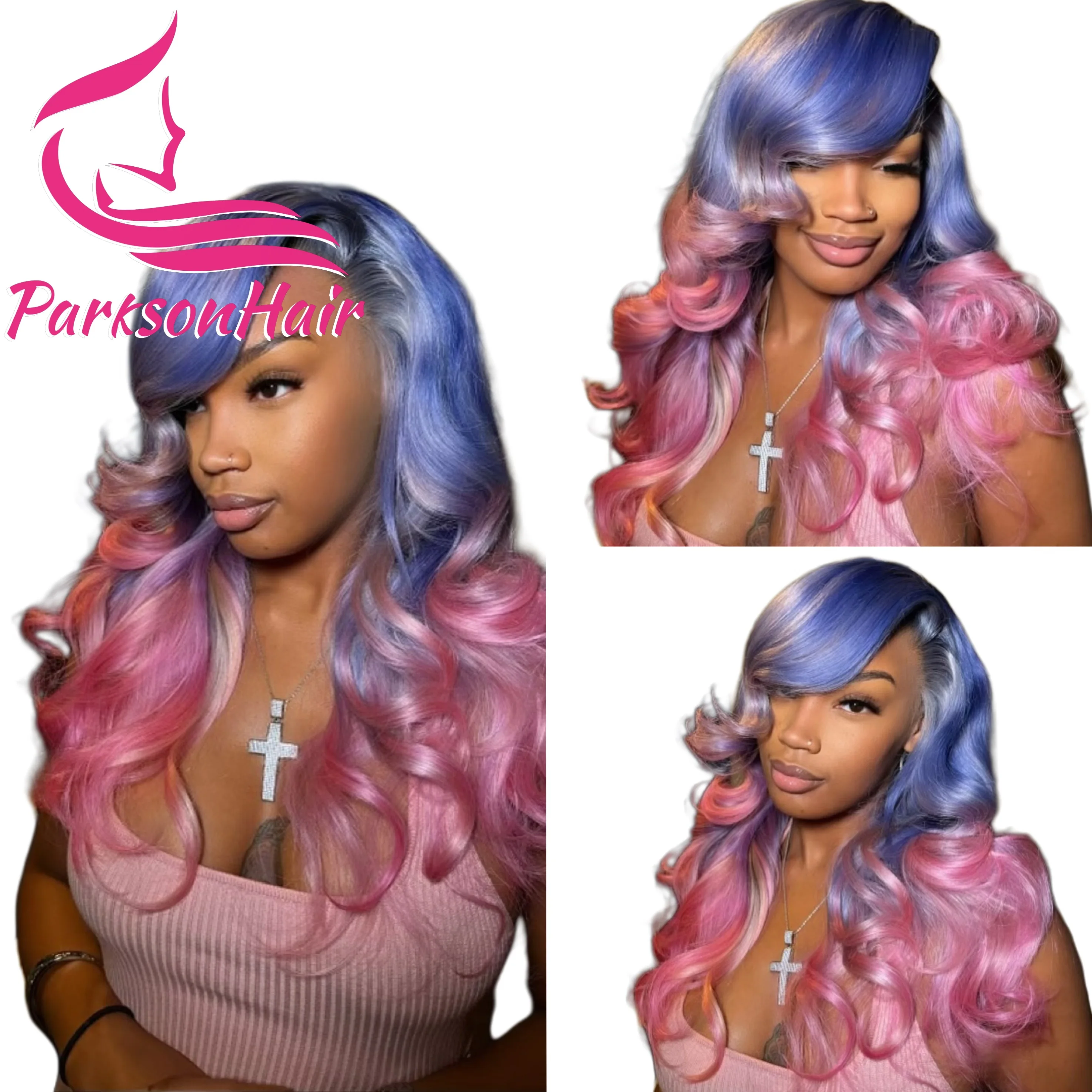 

Purple Ombre Pink Body Wave 13X6 Transparent Lace Front Human Hair Wig Pre Plucked Brazilian 13X4 Lace Frontal Wigs For Women