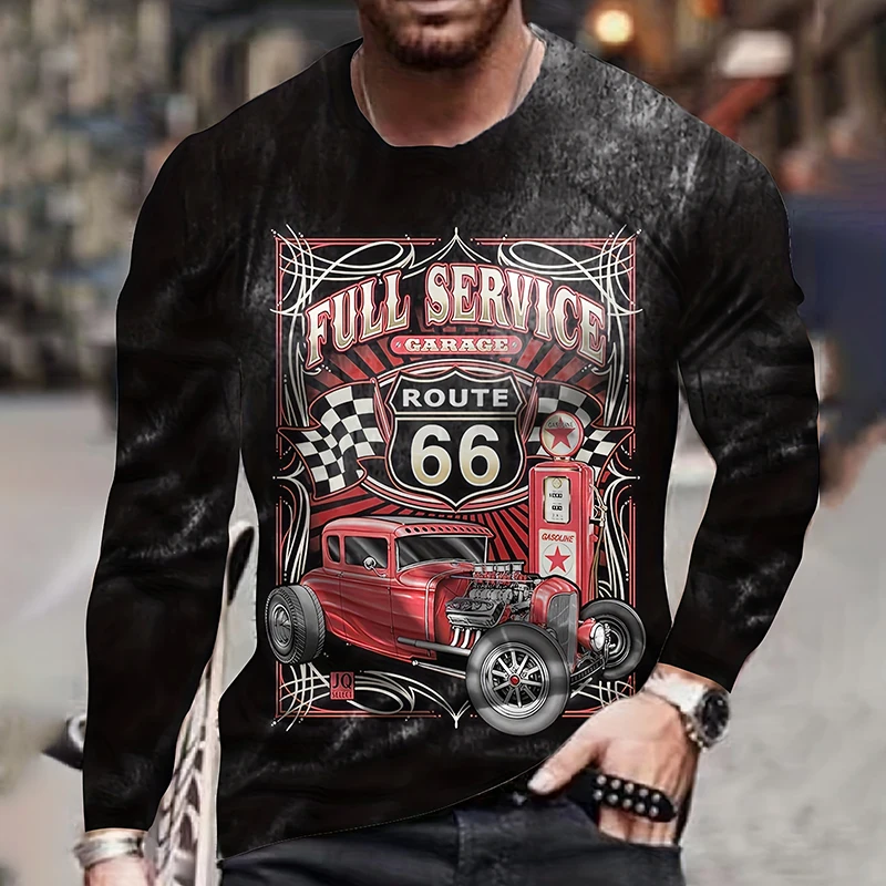 Antique Route 66 3D Printed Autumn Men's Oneck T-Shirt Casual Long Sleeve Oversized T-Shirt Fashion Pullover Trend Mens Clothing