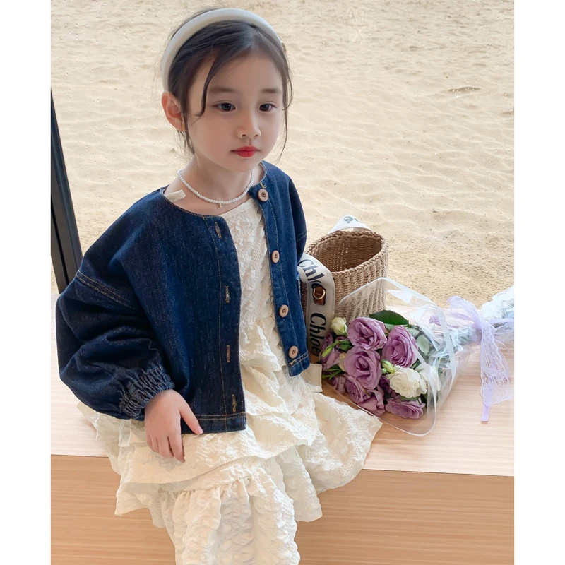 2026 Spring Autumn New Girls Clothing Set White Straps Dress+Denim Coat 2Pcs Suit For 3-8 Years Girls Stylish Outfit