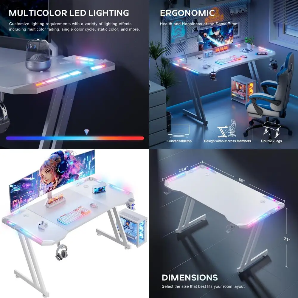 

Игровой стол из углеродного волокна с 55 светодиодами, большой эргономичный Z-образный компьютерный стол с подставкой для кружки и крючком для подвески, белый