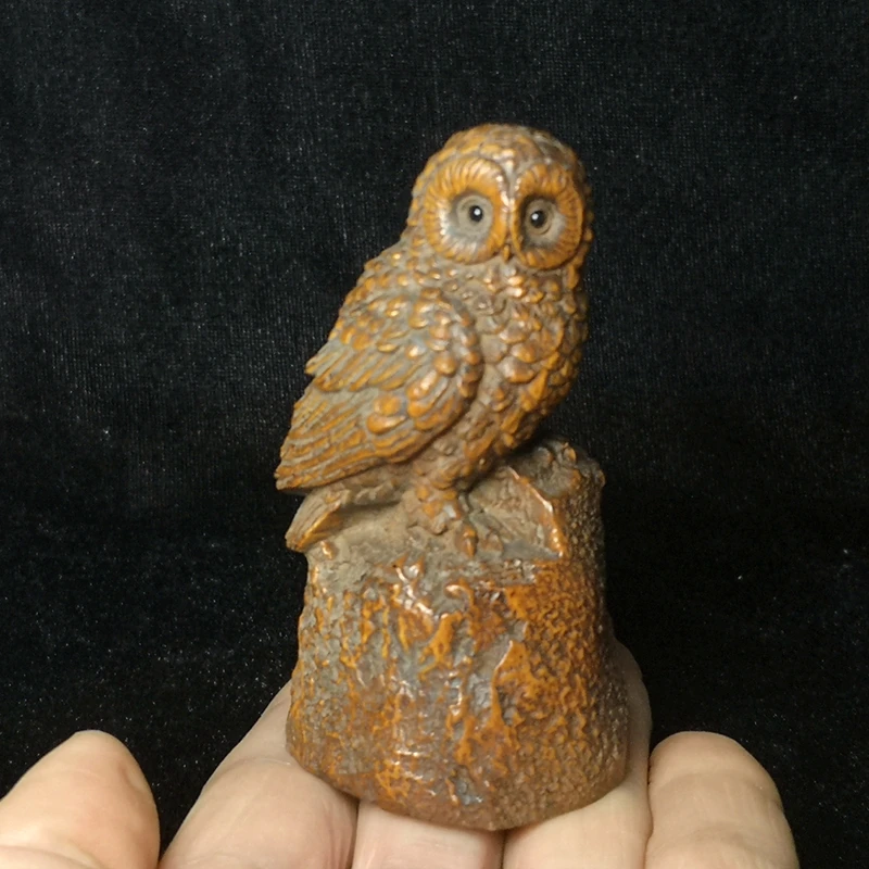 

1919 Antique art Size 3.2 Inch Old Chinese Boxwood Wood Hand carved vivid Owl Figurine Statue Decoration Gift Collection