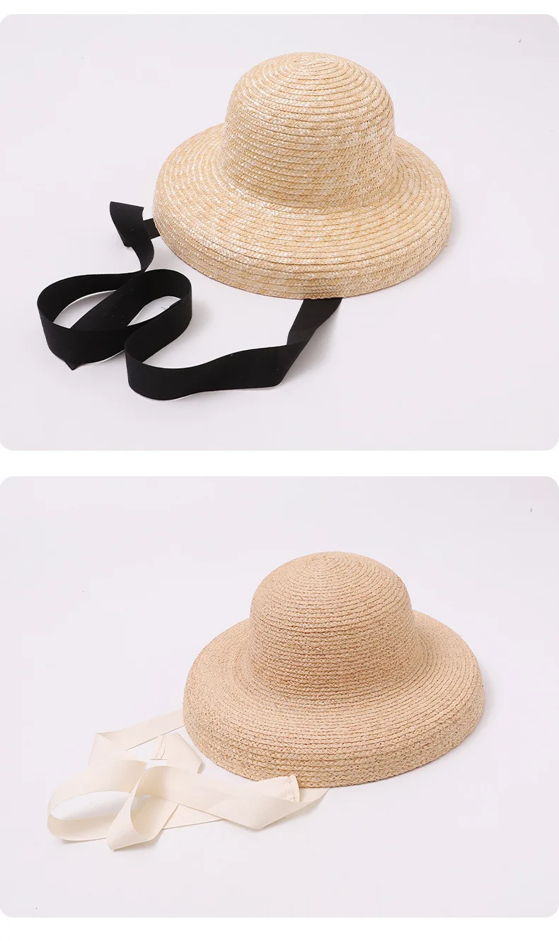 Großkrempiger Raffia-Strohhut für Damen und Mädchen, französischer Sonnenhut mit Riemen für Frühling und Sommer, eleganter Urlaubshut mit Sonnenschutz, Strandkappe – Detail 7