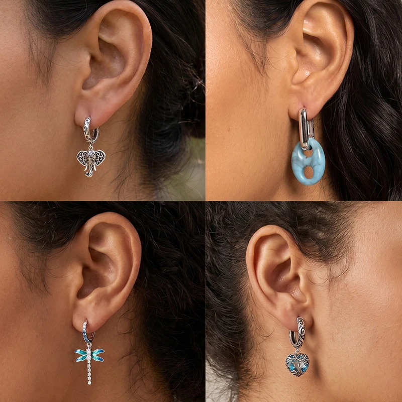 925 Sterling Silber Bunte Creolen Ohrringe mit Erdbeere, Libelle, Sonnenblume, Krabbe, Mantarochen und Lebensbaum als Geburtstagsgeschenk für Frauen – Detail 3