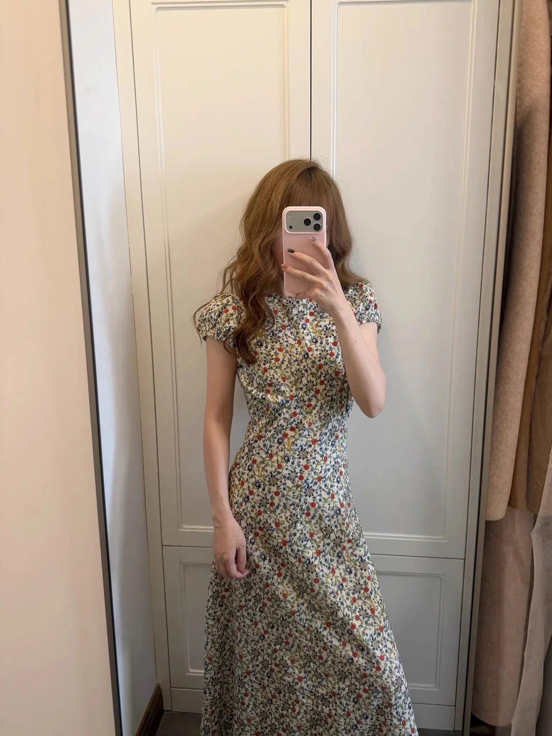 

Flower Print Women's Maxi Dress Round Neck Puff Sleeve High Waist Elegant Ladies 100% Cotton Robe