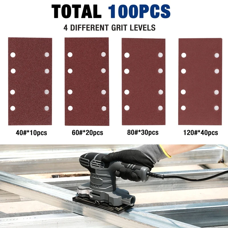 AA51-샌딩 시트 세트 100개 샌드페이퍼-나일론 스티커 그릿 40/60/80/120,8홀, 멀티 샌더용 액세서리, 궤도 샌더