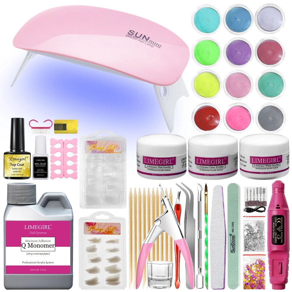 미니 LED 라이트가 포함된 네일 아크릴 키트 12색 플래시 아크릴 파우더 3D 네일 아트 조각 확장 몰드 크리스탈 파우더 키트